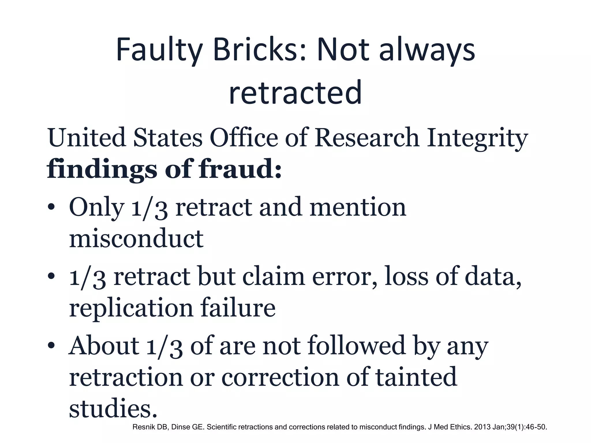 Faulty Bricks: Not always
retracted
United States Office of Research Integrity
findings of fraud:
• Only 1/3 retract and mention
misconduct
• 1/3 retract but claim error, loss of data,
replication failure
• About 1/3 of are not followed by any
retraction or correction of tainted
studies.Resnik DB, Dinse GE. Scientific retractions and corrections related to misconduct findings. J Med Ethics. 2013 Jan;39(1):46-50.
 