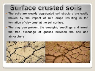  The soils are weakly aggregated soil structure are easily
broken by the impact of rain drops resulting in the
formation of clay crust at the soil surface.
 The clay pan prevent the emerging seedlings and arrest
the free exchange of gasses between the soil and
atmosphere
 