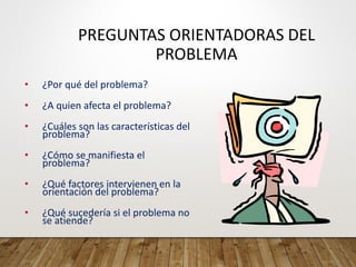 PREGUNTAS ORIENTADORAS DEL
PROBLEMA
• ¿Por qué del problema?
• ¿A quien afecta el problema?
• ¿Cuáles son las características del
problema?
• ¿Cómo se manifiesta el
problema?
• ¿Qué factores intervienen en la
orientación del problema?
• ¿Qué sucedería si el problema no
se atiende?
 