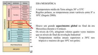 ERA MESOZÓICA
A temperatura média da Terra atingiu 30° a 33ºC
Regiões polares, as temperaturas eram variáveis entre 8º a
10ºC (Suguio 2008).
Houve um grande aquecimento global no final da era
Mesozóica durante o Cretáceo.
Os níveis de CO2 atingiram valores quatro vezes maiores
que os níveis do final da revolução Industrial
• Temperaturas médias anuais superiores a 38ºC nos
trópicos e maiores do que 10ºC nos polos;
 
