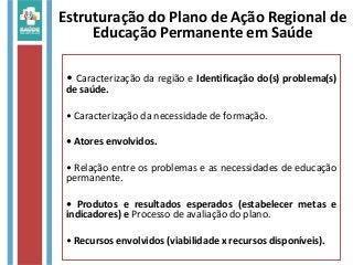 Estruturação do Plano de Ação Regional de
Educação Permanente em Saúde
• Caracterização da região e Identificação do(s) problema(s)
de saúde.
• Caracterização da necessidade de formação.
• Atores envolvidos.
• Relação entre os problemas e as necessidades de educação
permanente.
• Produtos e resultados esperados (estabelecer metas e
indicadores) e Processo de avaliação do plano.
• Recursos envolvidos (viabilidade x recursos disponíveis).
 
