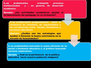 4.-se problematiza evaluando procesos
institucionales y , en general, de desarrollo
académico.
Ejemplo: ¿las actividades académicas ayudan al
fortalecimiento del pedagogo en su formación?
5.-se problematiza preguntándose sobre la
existencia de constante, de regularidades o
de correlaciones entre hechos, fenómenos y
procesos educativos
Ejemplo: ¿Cuáles son las estrategias que
ayudan a fomentar la buena convivencia en la
escuela de humanidades?
6.-se problematiza buscando la causa eficiente de un
hecho o fenómeno educativo o, si prefiere buscando
factores explicativos.
Ejemplo:¿ Cual es la pertinencia de la política
educativa hacia nuestra población indígena?
 