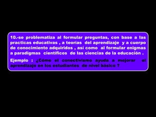 10.-se problematiza al formular preguntas, con base a las
practicas educativas , a teorías del aprendizaje y a cuerpo
de conocimiento adquiridos , así como al formular enigmas
a paradigmas científicos de las ciencias de la educación .
Ejemplo : ¿Cómo el conectivismo ayuda a mejorar el
aprendizaje en los estudiantes de nivel básico ?
 