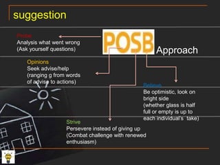 ApplicationP, O, S, BHigher level challenges(approach put into test – students better equipped , compared to being thrown into deep end of pool immediately)P, OGuided analysis(prompt/encourage raising of questions and clarification s, help them identify potential pitfalls)S, BLaying bricks for foundation(quizzes, open book tests, etc. – level of difficult structured to student’s self efficacy needs)
