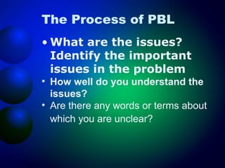 The Process of PBL
• What are the issues?
Identify the important
issues in the problem
• How well do you understand the
issues?
• Are there any words or terms about
which you are unclear?

 