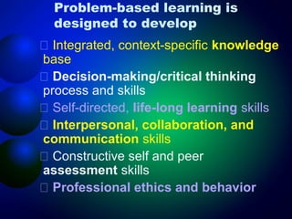Problem-based learning is
designed to develop
􀂄 Integrated, context-specific knowledge
base
􀂄 Decision-making/critical thinking
process and skills
􀂄 Self-directed, life-long learning skills
􀂄 Interpersonal, collaboration, and
communication skills
􀂄 Constructive self and peer
assessment skills
􀂄 Professional ethics and behavior

 
