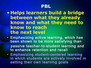 PBL
• Helps learners build a bridge
between what they already
know and what they need to
know to reach
the next level
• Emphasizing active learning, which has
been shown to be more satisfying than
passive teacher-to-student learning and
to enhance retention and recall
• Emphasizing student-centered learning
in which students are actively involved in
setting their own learning goals

 