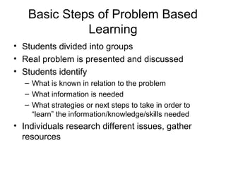 Basic Steps of Problem Based
Learning
• Students divided into groups
• Real problem is presented and discussed
• Students identify
– What is known in relation to the problem
– What information is needed
– What strategies or next steps to take in order to
“learn” the information/knowledge/skills needed
• Individuals research different issues, gather
resources
 