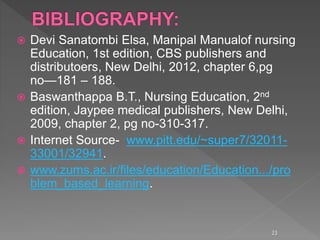  Devi Sanatombi Elsa, Manipal Manualof nursing
Education, 1st edition, CBS publishers and
distributoers, New Delhi, 2012, chapter 6,pg
no—181 – 188.
 Baswanthappa B.T., Nursing Education, 2nd
edition, Jaypee medical publishers, New Delhi,
2009, chapter 2, pg no-310-317.
 Internet Source- www.pitt.edu/~super7/32011-
33001/32941.
 www.zums.ac.ir/files/education/Education.../pro
blem_based_learning.
23
 