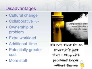 Disadvantages
• Cultural change
• Collaborative +/-
• Ownership of
problem
• Extra workload
• Additional time
• Potentially greater
cost
• More staff
 
