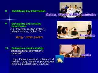 Identifying key information Generating and ranking hypotheses:   e.g., Infection, cardiac problem, allergy, asthma, broken rib. Allergy  ˃ cardiac problem Generate an enquiry strategy: What additional information is  required? e.g., Previous medical problems and relevant drug, family & psychosocial histories, physical exam, lab. tests.  discuss, extract, identify, summarize brainstorm decide 