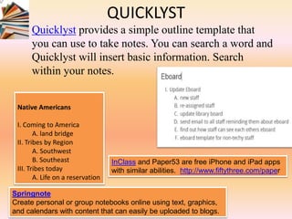 QUICKLYST
Quicklyst provides a simple outline template that
you can use to take notes. You can search a word and
Quicklyst will insert basic information. Search
within your notes.
Native Americans
I. Coming to America
A. land bridge
II. Tribes by Region
A. Southwest
B. Southeast
III. Tribes today
A. Life on a reservation
InClass and Paper53 are free iPhone and iPad apps
with similar abilities. http://www.fiftythree.com/paper
Springnote
Create personal or group notebooks online using text, graphics,
and calendars with content that can easily be uploaded to blogs.
 