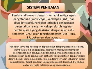 SISTEM PENILAIAN
Penilaian dilakukan dengan memadukan tiga aspek
pengetahuan (knowledge), kecakapan (skill), dan
sikap (attitude). Penilaian terhadap penguasaan
pengetahuan yang mencakup seluruh kegiatan
pembelajaran yang dilakukan dengan ujian akhir
semester (UAS), ujian tengah semester (UTS), kuis,
PR, dokumen, dan laporan.
Penilaian terhadap kecakapan dapat diukur dari penguasaan alat bantu
pembelajaran, baik software, hardware, maupun kemampuan
perancangan dan pengujian. Sedangkan penilaian terhadap sikap
dititikberatkan pada penguasaan soft skill, yaitu keaktifan dan partisipasi
dalam diskusi, kemampuan bekerjasama dalam tim, dan kehadiran dalam
pembelajaran. Bobot penilaian untuk ketiga aspek tersebut ditentukan
oleh guru mata pelajaran yang bersangkutan.
 
