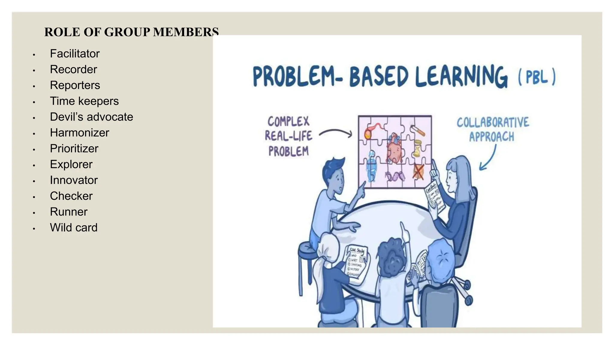 ROLE OF GROUP MEMBERS
• Facilitator
• Recorder
• Reporters
• Time keepers
• Devil’s advocate
• Harmonizer
• Prioritizer
• Explorer
• Innovator
• Checker
• Runner
• Wild card
 