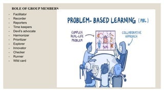 ROLE OF GROUP MEMBERS
• Facilitator
• Recorder
• Reporters
• Time keepers
• Devil’s advocate
• Harmonizer
• Prioritizer
• Explorer
• Innovator
• Checker
• Runner
• Wild card
 