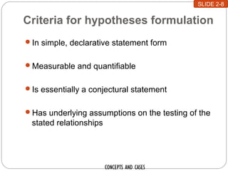 Criteria for hypotheses formulation
In simple, declarative statement form
Measurable and quantifiable
Is essentially a conjectural statement
Has underlying assumptions on the testing of the
stated relationships
SLIDE 2-8
CONCEPTS AND CASES
 