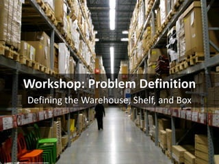 Workshop: Problem Definition
Defining the Warehouse, Shelf, and Box
cc: rpongsaj - https://www.flickr.com/photos/15131913@N00
 