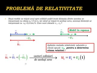  Două mobile se mişcă unul spre celălalt astfel încât distanţa dintre acestea se
micşorează cu viteza u1=3 m/s, iar când se mişcă în acelaşi sens, aceeaşi distanţă se
micşorează cu u2=3,6 km/h. Care sunt vitezele v1 , v2 ?
23
1
v 2
v
 
1 2
1
u v
v
 

Aplicăm metoda relativistă: adunăm o
viteză opusă –v2, pentru a determina
viteza relativă !
2
v
 2
v

1
u
Mobil în repaus
vectori coliniari
de acelaşi sens
  
1
1 2 1
v
u v
 
 