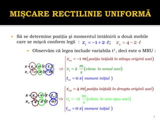  Să se determine poziţia şi momentul întâlnirii a două mobile
care se mişcă conform legii :       
1 2
; 4
2 2
1 x
x t t
3
 Observăm că legea include variabila t1, deci este o MRU :
 
 











0
t
2
1
x
t
t
v
x
x
1
0
0
 
 
 




 

 
 

2
02
02
2
4
0
viteza în sens opus axei
poziţia iniţială în dreapta originii a
moment iniţ
xe
ial
i
m
v
s
t s
x m
 
 










0
t
2
4
x
t
t
v
x
x
2
0
0
 
 
 
poziţia iniţia
m
lă în stânga originii a
oment iniţia
viteza în sensul axei
l
xei
t
m
s
v
s
x m
 





 



1
01
01 1
2
0
 