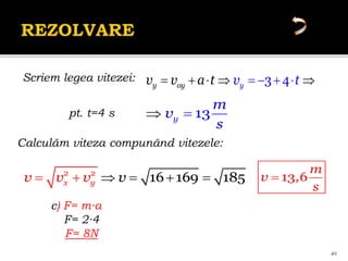 49
     
  
3 4
y
y oy v
v v a t t
pt. t=4 s 13
y
m
v
s
 
2 2
16 169 185
x y
v v v
v    
  13 6
m
v ,
s

c) F= m∙a
F= 2∙4
F= 8N
Scriem legea vitezei:
Calculăm viteza compunând vitezele:
 