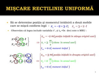  
 
0 0
2
x= x + v t-t
x = 3 + 2 t-0

 

 

0
1
x=x +v t
x =-2+3 t
 

 
 Să se determine poziţia şi momentul întâlnirii a două mobile
care se mişcă conform legii : t
x t x 
 
 
  2
1 ; 3
3 2
2
6
 Observăm că legea include variabila t1, și t0 =0s deci este o MRU :
 
 
 
poziţia iniţială î
s
n dreapta originii ax
moment ini i
viteza în ensu
a
l ax
ţ l
e
ei
i
t
m
s
v
s
x m






 



2
02
02 3
2
0
 
 
 
poziţia iniţia
m
lă în stânga originii a
oment iniţia
viteza în sensul axei
l
xei
t
m
s
v
s
x m
 





 



1
01
01 2
3
0
 