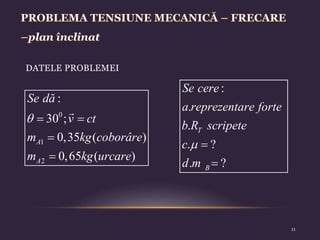 DATELE PROBLEMEI
0
1
2
:
30 ;
0,35 ( )
0,65 ( )
A
A
Se dă
v ct
m kg coborâre
m kg urcare
  


:
.
.
. ?
. ?
T
B
Se cere
a reprezentare forte
b R scripete
c
d m
 

11
 