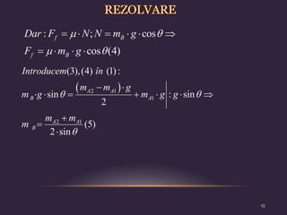 : ; cos
cos (4)
f B
f B
Dar F N N m g
F m g
 
 
     
   
 
2 1
1
2 1
(3),(4) (1):
sin : sin
2
(5)
2 sin
A A
B A
A A
B
Introducem în
m m g
m g m g g
m m
m
 

 
      



15
 