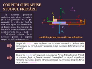 În sistemul prezentat
scripetele este ideal, corpurile 1
şi 2 au greutăţile G1 = 4N,
respectiv G2 = 8N, iar firul de
care sunt legate este inextensibil
şi foarte uşor. Coeficientul de
frecare la alunecare între oricare
două suprafeţe este μ = 0,25.
Calculează valoare forţei
necesare pentru a deplasa
corpul 2 cu vitează constantă.
F
2
G
2
N
1
G
1
N
T T
T
T
v
2
f
F
1
Ff
Corpul de masă 1 este deplasat sub acţiunea tensiunii şi frânat prin
interacţiune cu corpul suport conform forţei normale datorate propriei
greutăţi
1
2
Corpul de masă 2 este deplasat sub acţiunea forţei de tracţiune şi frânat
de tensiune, forţa de frecare datorată interacţiunii cu corpul superior şi
respectiv cu planul, asupra căruia acţionează cu greutatea proprie dar şi
cu greutatea corpului 1
 
