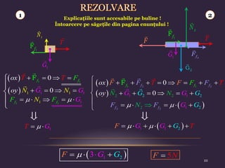 1
G
1
N
T
1
Ff
  1 1
0
f f
F
T T
ox    
F
1 1
1 1
f f
F G
N F
 
    
  1
1 1
1
0
   
N N
G
y G
o





2
G
1
G
2
N
F T
2
f
F
1
Ff
  1 1
2 2
0
F
       
f f
f f
F
o F
F
F F
T
x T
  2
1 2
1
2 2
0
o N N
G G
y G
G
     
 
2 2
2 2
1
f f
N G
F F G
 
   







1 2
22

1
T G

 

 
2
1 1 G
G T
F G
 
     
 
1 2
3 G G
F  
   5
F N

Explicaţiile sunt accesabile pe buline !
Întoarcere pe săgeţile din pagina enunţului !
 