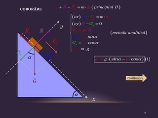 f
F N
G
n
G
t
G
c
a


COBORÂRE
x
y
 
   
f c
m principi
F a
N ul
G II
 
 
 
0
sin
cos



   

 




 


 







f c
f
n
t
t
n
G
G
ox m
oy
metoda
G
G
analitică
m
F a
F N
G
G
G
N
g
   
1
sin cos
  

 

c
a g
Continuare
6
 