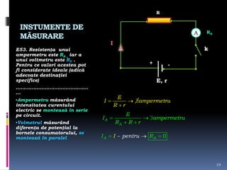 INSTUMENTE DE
MĂSURARE
E53. Rezistenţa unui
ampermetru este RA , iar a
unui voltmetru este RV .
Pentru ce valori acestea pot
fi considerate ideale (adică
adecvate destinaţiei
specifice)
.............................................
...
•Ampermetru măsurând
intensitatea curentului
electric se montează în serie
pe circuit.
•Volmetrul măsurând
diferenţa de potenţial la
bornele consumatorului, se
montează în paralel
19
E, r
k
I
+ -
A
R
RA
E
I
R r
  

ampermetru
A
A
E
I ampermetru
R R r
  
 
0A ApentII ru R  
 