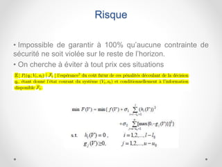 Risque
• Impossible de garantir à 100% qu’aucune contrainte de
sécurité ne soit violée sur le reste de l’horizon.
• On cherche à éviter à tout prix ces situations
 