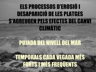 ELS PROCESSOS D'EROSIÓ I DESAPARICIÓ DE LES PLATGES S'AGREUGEN PELS EFECTES DEL CANVI CLIMÀTIC PUJADA DEL NIVELL DEL MAR TEMPORALS CADA VEGADA MÉS FORTS I MÉS FREQÜENTS 