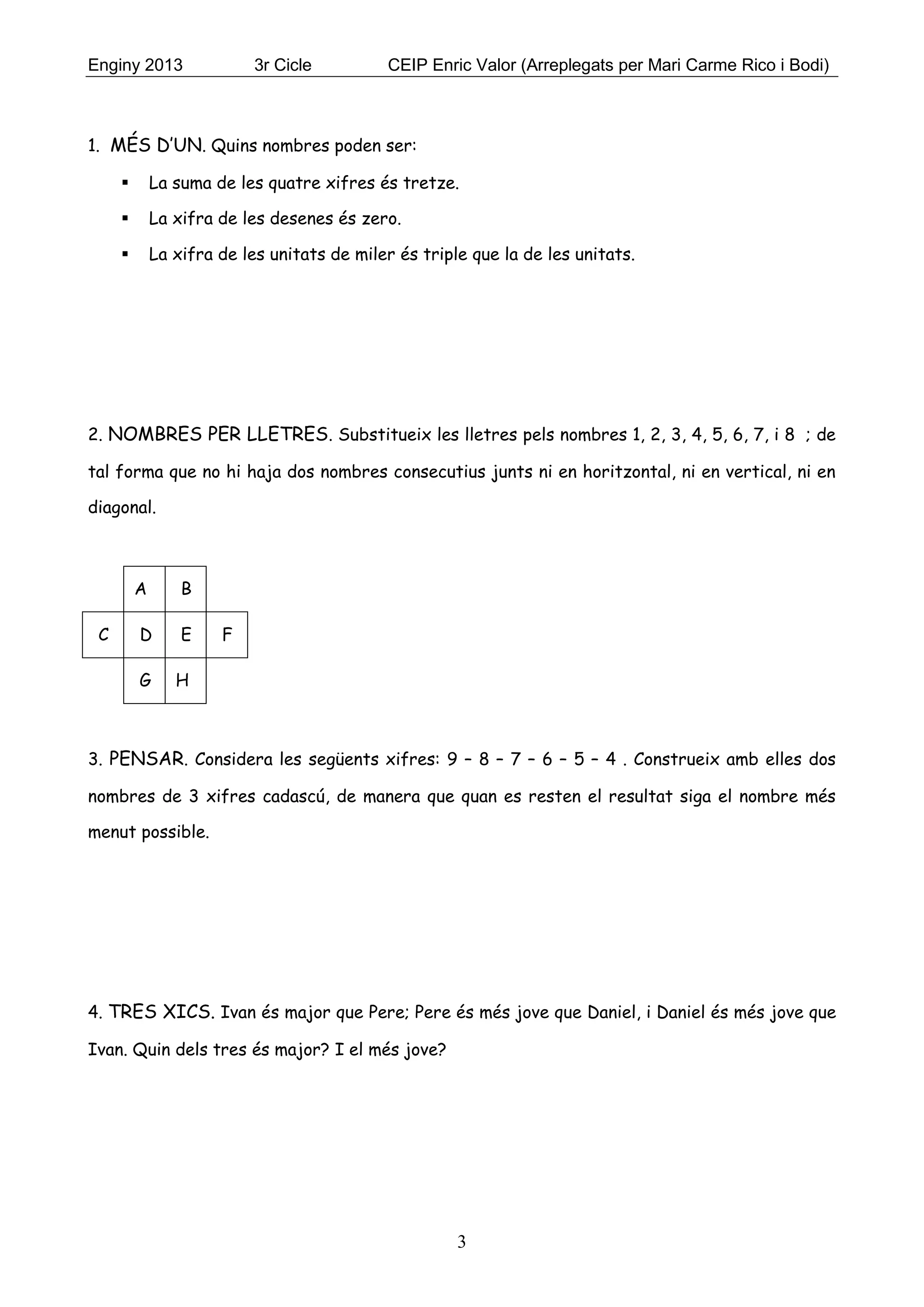 Enginy 2013 3r Cicle CEIP Enric Valor (Arreplegats per Mari Carme Rico i Bodi)
3
1. MÉS D’UN. Quins nombres poden ser:
 La suma de les quatre xifres és tretze.
 La xifra de les desenes és zero.
 La xifra de les unitats de miler és triple que la de les unitats.
2. NOMBRES PER LLETRES. Substitueix les lletres pels nombres 1, 2, 3, 4, 5, 6, 7, i 8 ; de
tal forma que no hi haja dos nombres consecutius junts ni en horitzontal, ni en vertical, ni en
diagonal.
A B
C D E F
G H
3. PENSAR. Considera les següents xifres: 9 – 8 – 7 – 6 – 5 – 4 . Construeix amb elles dos
nombres de 3 xifres cadascú, de manera que quan es resten el resultat siga el nombre més
menut possible.
4. TRES XICS. Ivan és major que Pere; Pere és més jove que Daniel, i Daniel és més jove que
Ivan. Quin dels tres és major? I el més jove?
 