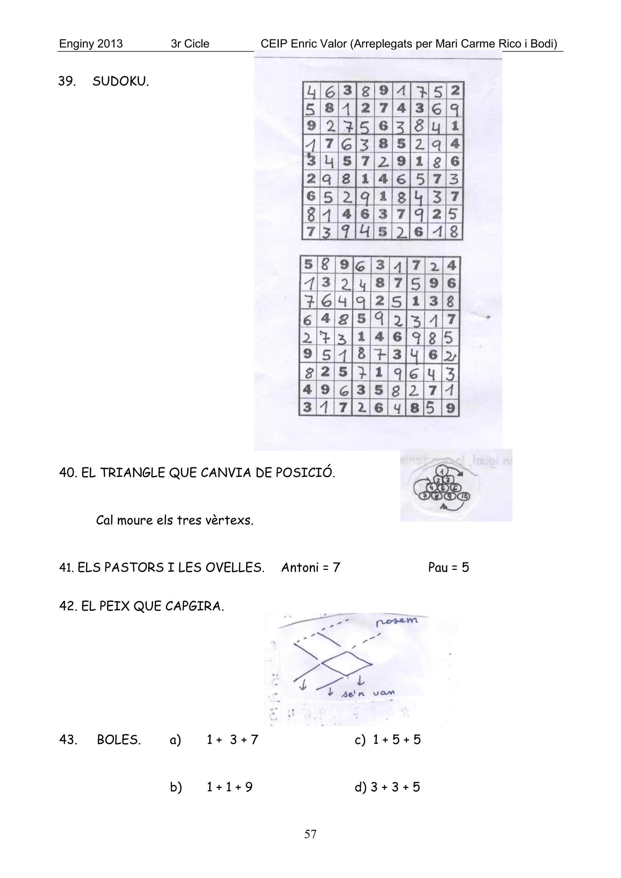 Enginy 2013 3r Cicle CEIP Enric Valor (Arreplegats per Mari Carme Rico i Bodi)
57
39. SUDOKU.
40. EL TRIANGLE QUE CANVIA DE POSICIÓ.
Cal moure els tres vèrtexs.
41. ELS PASTORS I LES OVELLES. Antoni = 7 Pau = 5
42. EL PEIX QUE CAPGIRA.
43. BOLES. a) 1 + 3 + 7 c) 1 + 5 + 5
b) 1 + 1 + 9 d) 3 + 3 + 5
 