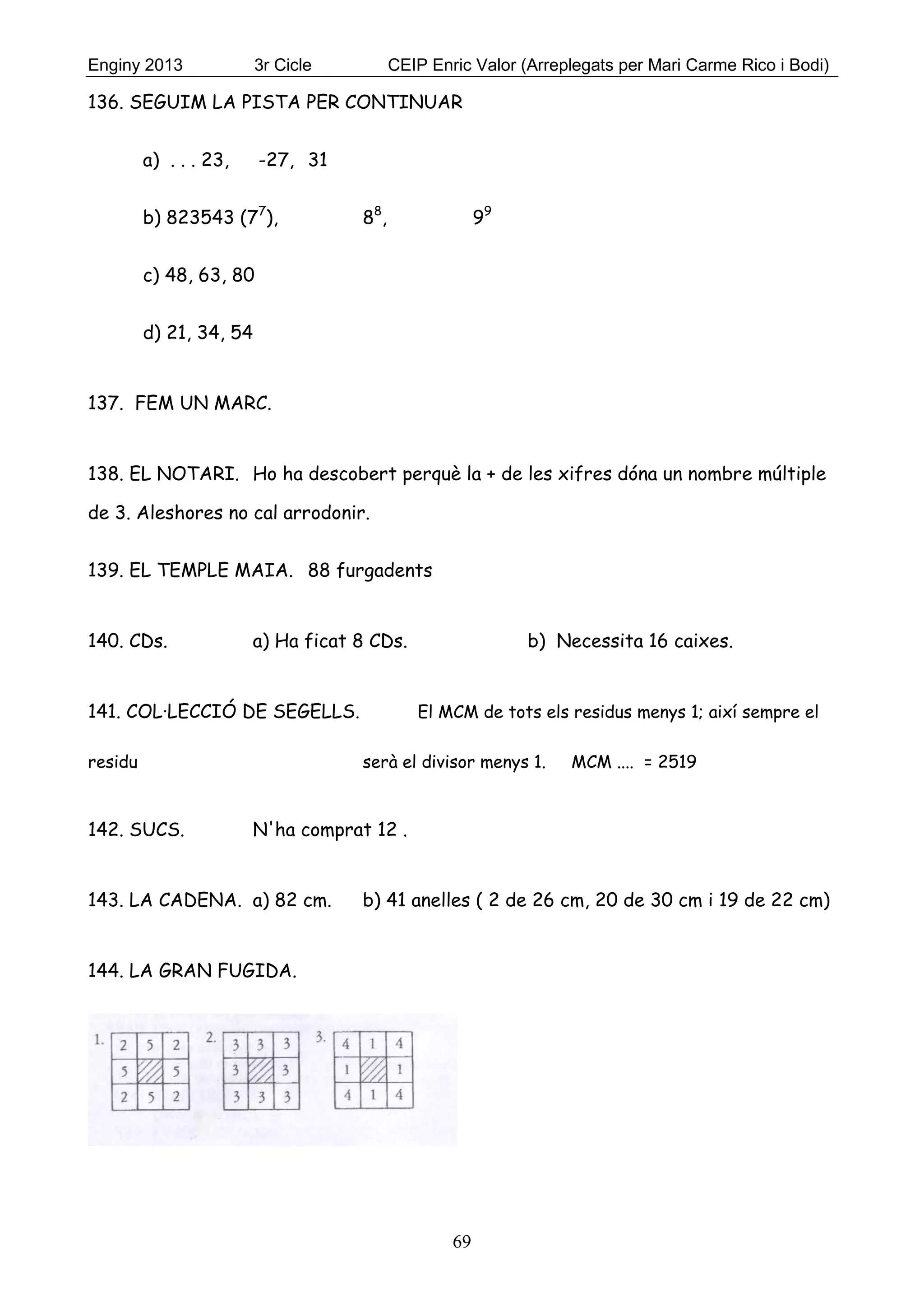 Enginy 2013 3r Cicle CEIP Enric Valor (Arreplegats per Mari Carme Rico i Bodi)
69
136. SEGUIM LA PISTA PER CONTINUAR
a) . . . 23, -27, 31
b) 823543 (77
), 88
, 99
c) 48, 63, 80
d) 21, 34, 54
137. FEM UN MARC.
138. EL NOTARI. Ho ha descobert perquè la + de les xifres dóna un nombre múltiple
de 3. Aleshores no cal arrodonir.
139. EL TEMPLE MAIA. 88 furgadents
140. CDs. a) Ha ficat 8 CDs. b) Necessita 16 caixes.
141. COL·LECCIÓ DE SEGELLS. El MCM de tots els residus menys 1; així sempre el
residu serà el divisor menys 1. MCM .... = 2519
142. SUCS. N'ha comprat 12 .
143. LA CADENA. a) 82 cm. b) 41 anelles ( 2 de 26 cm, 20 de 30 cm i 19 de 22 cm)
144. LA GRAN FUGIDA.
 