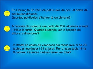En Llorenç té 37 DVD de pel·lícules de por i el doble de pel·lícules d’humor.  Quantes pel·lícules d’humor té en Llorenç? A l’escola de cuina hi van cada dia 234 alumnes al matí  i 145 a la tarda. Quants alumnes van a l’escola de  dilluns a divendres? A l’hotel on estan de vacances els meus avis hi ha 73 taules al menjador i 34 al jardí. Per a cada taula hi ha 8 cadires. Quantes cadires tenen en total? 
