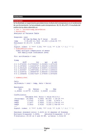Página
13
PROBLEMAS
ENUNCIADO
Se ha diseñado un experimento para determinar el efecto de la temperatura en el rendimiento
de una fermentación. Se han probado cuatro temperaturas: 30, 35, 40 y 45o
C. El resultado del
análisis de los datos obtenidos es:
 