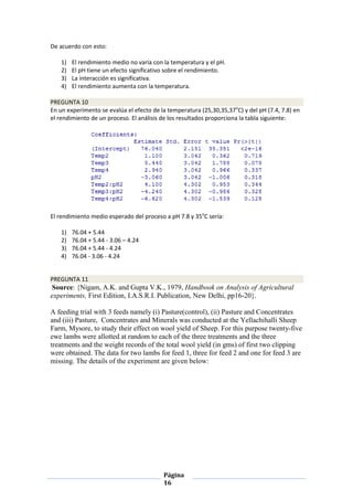 Página
16
De acuerdo con esto:
1) El rendimiento medio no varía con la temperatura y el pH.
2) El pH tiene un efecto significativo sobre el rendimiento.
3) La interacción es significativa.
4) El rendimiento aumenta con la temperatura.
PREGUNTA 10
En un experimento se evalúa el efecto de la temperatura (25,30,35,37o
C) y del pH (7.4, 7.8) en
el rendimiento de un proceso. El análisis de los resultados proporciona la tabla siguiente:
El rendimiento medio esperado del proceso a pH 7.8 y 35o
C sería:
1) 76.04 + 5.44
2) 76.04 + 5.44 - 3.06 – 4.24
3) 76.04 + 5.44 - 4.24
4) 76.04 - 3.06 - 4.24
PREGUNTA 11
Source: {Nigam, A.K. and Gupta V.K., 1979, Handbook on Analysis of Agricultural
experiments, First Edition, I.A.S.R.I. Publication, New Delhi, pp16-20}.
A feeding trial with 3 feeds namely (i) Pasture(control), (ii) Pasture and Concentrates
and (iii) Pasture, Concentrates and Minerals was conducted at the Yellachihalli Sheep
Farm, Mysore, to study their effect on wool yield of Sheep. For this purpose twenty-five
ewe lambs were allotted at random to each of the three treatments and the three
treatments and the weight records of the total wool yield (in gms) of first two clipping
were obtained. The data for two lambs for feed 1, three for feed 2 and one for feed 3 are
missing. The details of the experiment are given below:
 