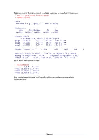 Página 4
Podemos obtener directamente este resultado, ajustando un modelo sin intersección:
Los IC de las medias estimadas es:
Este resultado es distinto de los IC que obtendríamos en cada mutante analizado
individualmente:
 