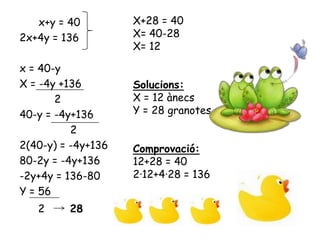 x+y = 40
2x+4y = 136
x = 40-y
X = -4y +136
2
40-y = -4y+136
2
2(40-y) = -4y+136
80-2y = -4y+136
-2y+4y = 136-80
Y = 56
2 28
X+28 = 40
X= 40-28
X= 12
Solucions:
X = 12 ànecs
Y = 28 granotes
Comprovació:
12+28 = 40
2·12+4·28 = 136
 