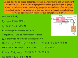 Un cos de 3 kg de massa descansa sobre un pla horitzontal amb un coeficient
de fricció µ = 0'3. Està unit mitjançant una corda que passa per la gorja
d'una corriola a un altre cos de 4 kg que penja verticalment. Esbrina quina
força horitzontal F cal aplicar al primer cos per a: a) impedir que el sistema
es moga b) aconseguir que el cos que penja puge 2 m en 1s
Calculem el P1
i P2
P1
= m1
·g = 3·9'8 = 29'4 N
P2
= m2
·g = 4·9'8 = 39'2 N
El recorregut de la corda és l'eix x
Apliquem la 2ª Llei de Newton als dos blocs
a) Si el sistema no es mou l'acceleració a = 0
1) eix y N1
– P1
= 0 N1
= P1
= 29'4 N Fr = µ·N1 = 0'3·29'4 = 8'8 N
eix x F – T - Fr = m1
·a F – T - Fr = 0 F = T + 8'8
2) eix x T - P2
= m2
·a T – 39'2 = 0 T = 39'2 N
Per tant F = 39'2 + 8'8 = 48 N
 