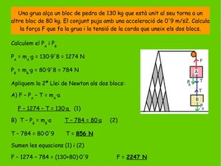 Una grua alça un bloc de pedra de 130 kg que està unit al seu torna a un
altre bloc de 80 kg. El conjunt puja amb una acceleració de 0'9 m/s2. Calcula
la força F que fa la grua i la tensió de la corda que uneix els dos blocs.
Calculem el PA
i PB
PA
= mA
·g = 130·9'8 = 1274 N
PB
= mB
·g = 80·9'8 = 784 N
Apliquem la 2ª Llei de Newton als dos blocs:
A) F – PA
– T = mA
·a
F – 1274 – T = 130·a (1)
B) T – PB
= mB
·a T – 784 = 80·a (2)
T – 784 = 80·0'9 T = 856 N
Sumen les equacions (1) i (2)
F – 1274 – 784 = (130+80)·0'9 F = 2247 N
 