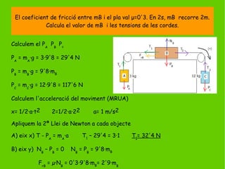 Calculem el PA
PB
Pc
PA
= mA
·g = 3·9'8 = 29'4 N
PB
= mB
·g = 9'8·mB
PC
= mC
·g = 12·9'8 = 117'6 N
Calculem l'acceleració del moviment (MRUA)
x= 1/2·a·t2 2=1/2·a·22 a= 1 m/s2
Apliquem la 2ª Llei de Newton a cada objecte
A) eix x) T - PA
= mA
·a T1
– 29'4 = 3·1 T1
= 32'4 N
B) eix y) NB
– PB
= 0 NB
= PB
= 9'8·mB
FrB
= µ·NB
= 0'3·9'8·mB
= 2'9·mB
El coeficient de fricció entre mB i el pla val μ=0'3. En 2s, mB recorre 2m.
Calcula el valor de mB i les tensions de les cordes.
 