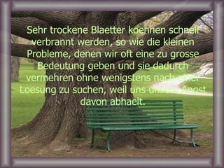 Sehr trockene Blaetter koennen schnell verbrannt werden, so wie die kleinen Probleme, denen wir oft eine zu grosse Bedeutung geben und sie dadurch vermehren ohne wenigstens nach einer Loesung zu suchen, weil uns unsere Angst davon abhaelt. 