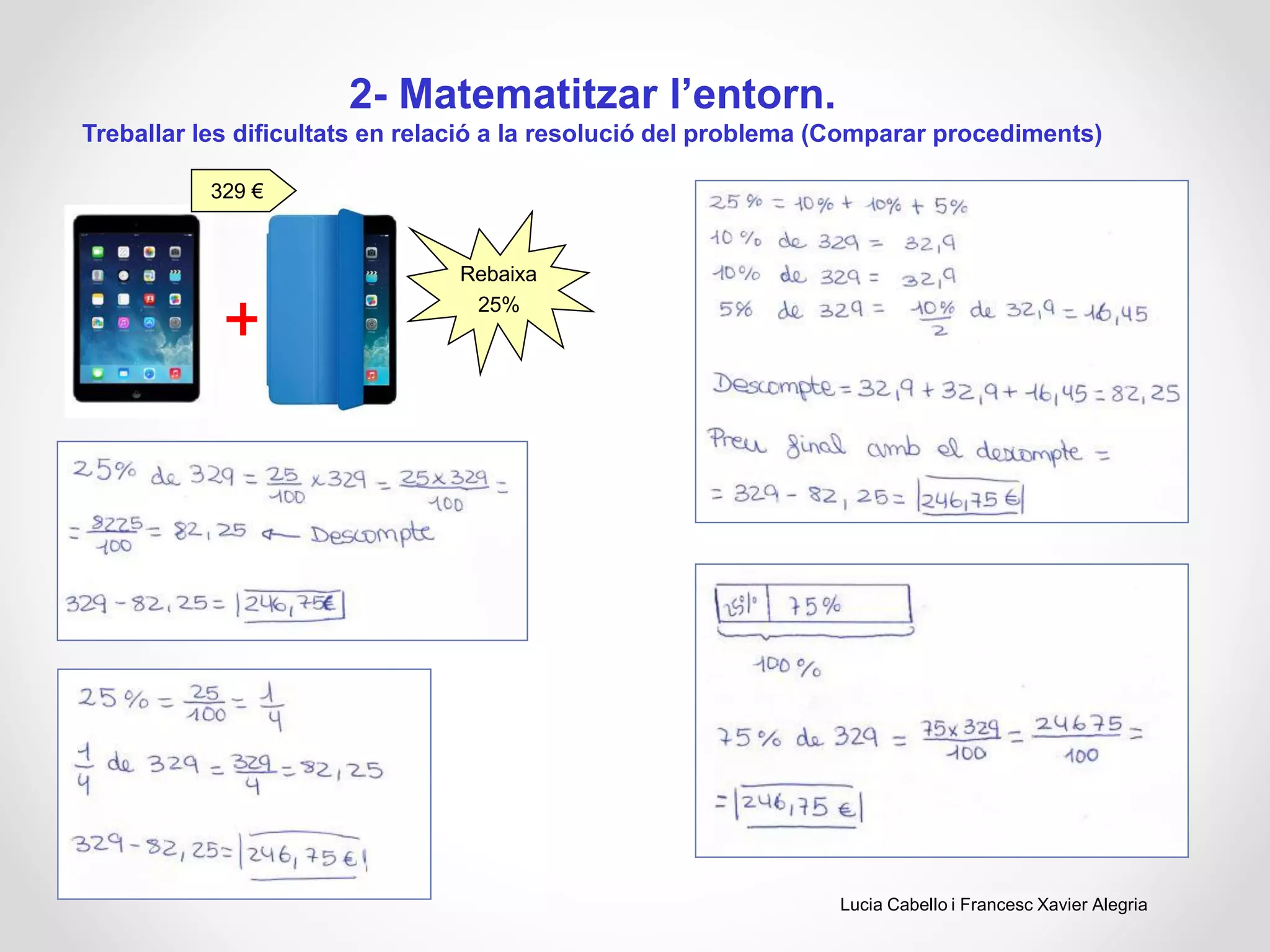 2- Matematitzar l’entorn.
Treballar les dificultats en relació a la resolució del problema (Comparar procediments)
+
Rebaixa
25%
329 €
Lucia Cabello i Francesc Xavier Alegria
 