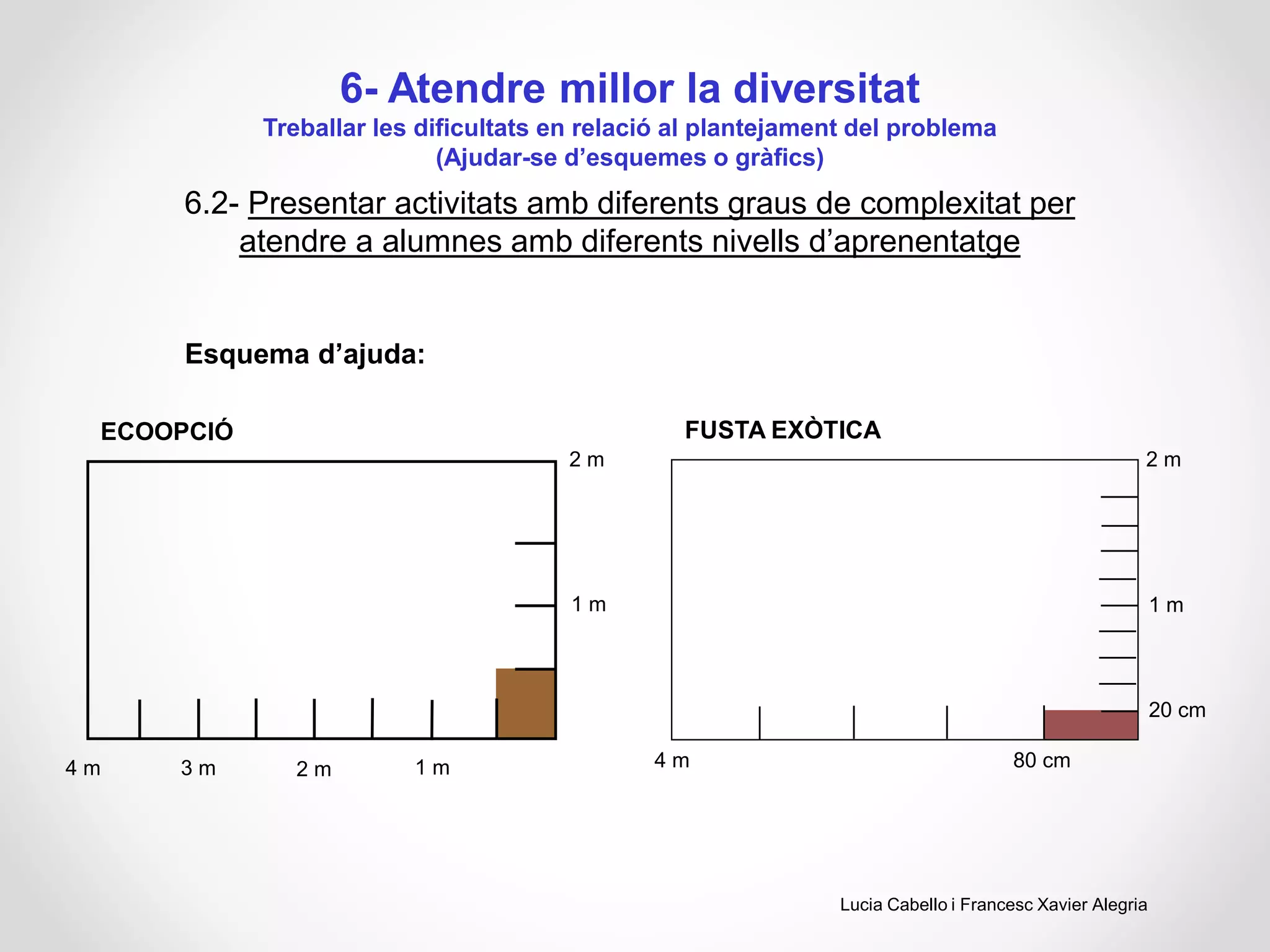 6- Atendre millor la diversitat
Treballar les dificultats en relació al plantejament del problema
(Ajudar-se d’esquemes o gràfics)
6.2- Presentar activitats amb diferents graus de complexitat per
atendre a alumnes amb diferents nivells d’aprenentatge
Esquema d’ajuda:
1 m2 m3 m4 m
1 m
2 m
80 cm4 m
2 m
20 cm
1 m
ECOOPCIÓ FUSTA EXÒTICA
Lucia Cabello i Francesc Xavier Alegria
 