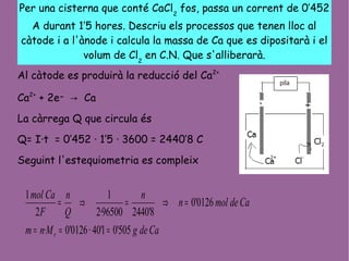 Per una cisterna que conté CaCl2
fos, passa un corrent de 0’452
A durant 1’5 hores. Descriu els processos que tenen lloc al
càtode i a l'ànode i calcula la massa de Ca que es dipositarà i el
volum de Cl2
en C.N. Que s'alliberarà.
Al càtode es produirà la reducció del Ca2+
Ca2+
+ 2e- → Ca
La càrrega Q que circula és
Q= I·t = 0’452 · 1’5 · 3600 = 2440’8 C
Seguint l'estequiometria es compleix
CadegMnm
Cademoln
n
Q
n
F
Camol
r 505'01'40·0126'0·
0126'0
8'244096500·2
1
2
1
===
=⇒=⇒=
 