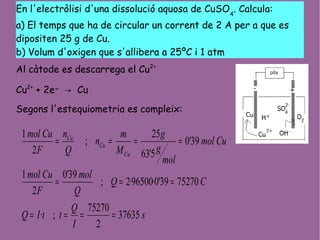 En l'electròlisi d'una dissolució aquosa de CuSO4
. Calcula:
a) El temps que ha de circular un corrent de 2 A per a que es
dipositen 25 g de Cu.
b) Volum d'oxigen que s'allibera a 25ºC i 1 atm
Al càtode es descarrega el Cu2+
Cu2+
+ 2e- → Cu
Segons l'estequiometria es compleix:
s
I
Q
ttIQ
CQ
Q
mol
F
Cumol
Cumol
mol
g
g
M
m
n
Q
n
F
Cumol
Cu
Cu
Cu
37635
2
75270
;·
7527039'0·96500·2;
39'0
2
1
39'0
5'63
25
;
2
1
====
===
====
 