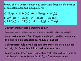 Prediu si les següents reaccions són espontànias en el sentit en
el que estan escrites les equacions:
a) Cl2
(g) + 2 Br-
(aq)  2Cl-
(aq) + Br2
(g)
b) Zn2+
(aq) + Sn(s)  Zn(s) Sn2+
(aq)
c) 2 H+
(aq) + 2 I-
(aq)  H2
(g) + I2
(aq)
L'espontaneïtat està determinada per
Oxidant més fort + Reductor més fort  Oxidant més dèbil + Reductor més dèbil
Sent l'oxidant més fort l'espècie amb més tendència a reduir-
se o siga la d'un potencial de reducció més alt
I el reductor més fort l'espècia amb més tendència a oxidar-
se o siga la d'un potencial de reducció més baix.
També poden determinar l'espontaneïtat calculant la fem de la
possible pila que es formaria. Si Epila
> 0 serà espontània.
 